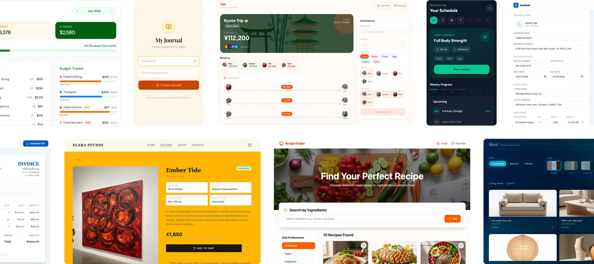 Ejemplos de proyectos creados con Nova: una tienda, un sitio de recetas y aplicaciones para organizar gastos y tareas.