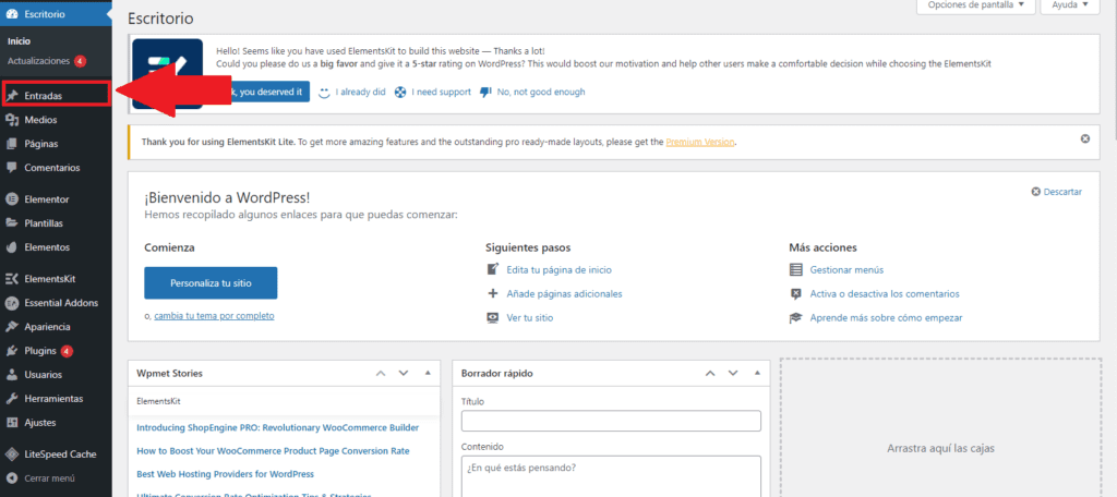 Añade una entrada a tu Blog de WordPress en 4 pasos 1 Escritorio de WordPress