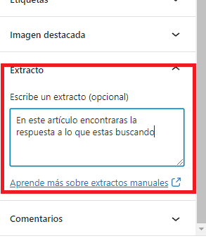 Añade una entrada a tu Blog de WordPress en 4 pasos 7 Pestaña extracto en el editor de entradas