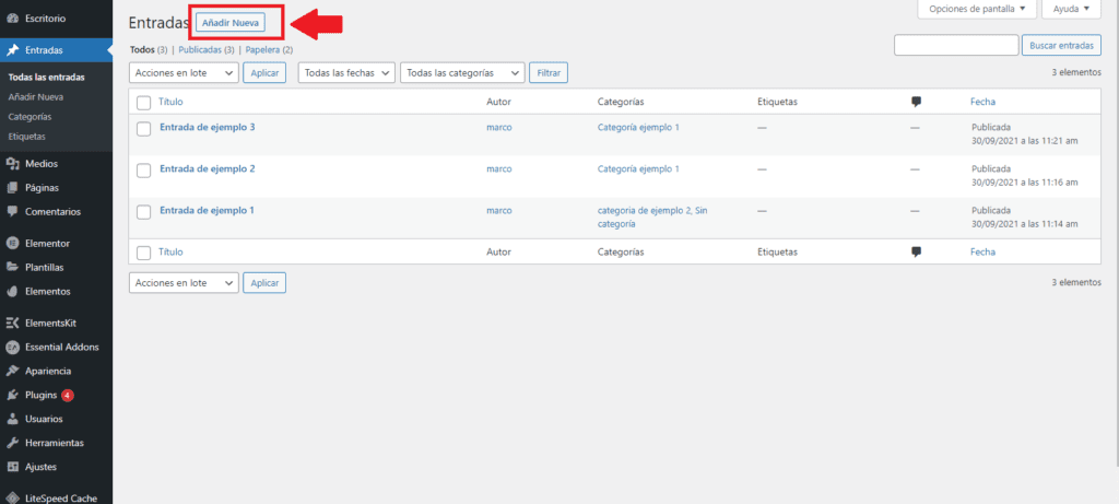 Añade una entrada a tu Blog de WordPress en 4 pasos 2 Sección entradas de blog en escritorio de WordPress