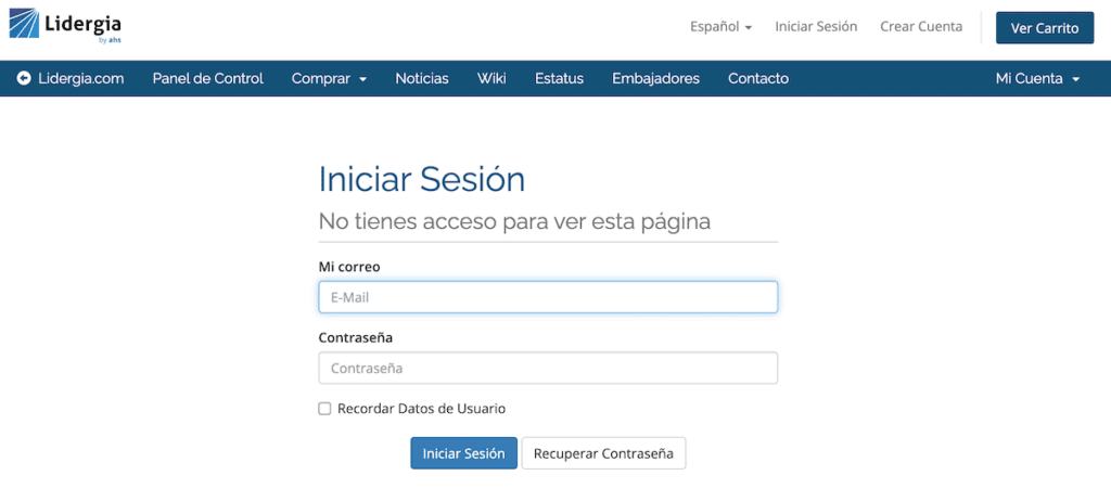 Pantalla de inicio de sesión de Lidergia